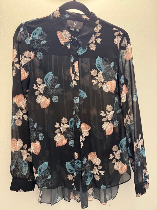 Sachin + Babi Tops - Sachin + Babi Black Sheer Floral Button-Up Blouse with Peach and Teal Accents